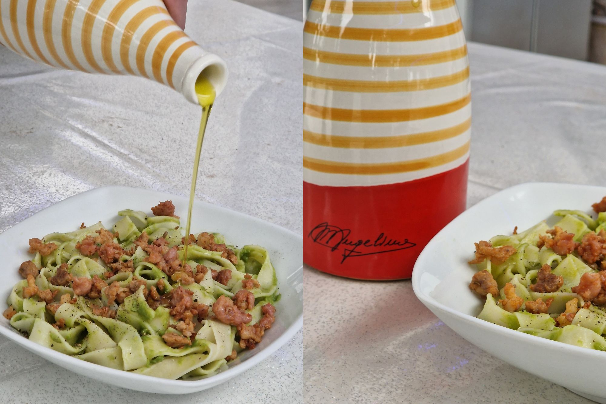 Ricetta Pappardelle Crema di Piselli e Salsiccia croccante - Olio Angelino